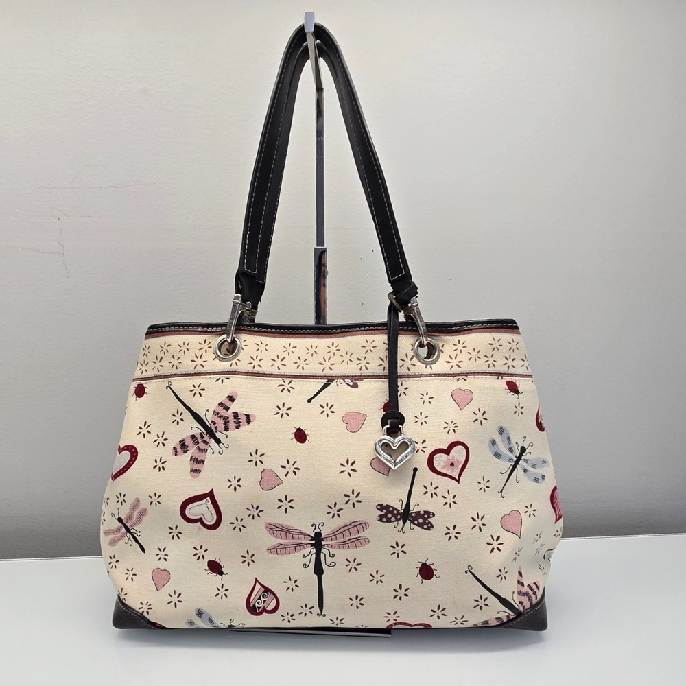 Brighton Lois Shopper Tote Bag Large Dragonfly Heart Ladybug Cotton Leather Trim